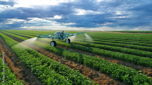Agricultural robot efficiently sprinkling water across a green farming field: showcasing the revolution of smart farming techniques through the integration of cutting-edge technology in agriculture