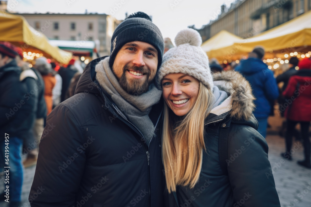 Happy young smiling couple in winter clothes at street Christmas market in Stockholm Happy young smiling couple in winter clothes at street Christmas market in Stockholm