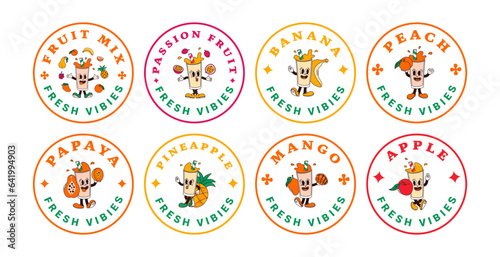 Set of stickers characters of fruit drink from pineapple, passionfruit, banana, peach, papaya, mango, apple. Isolated vector labels of mascots in groovy comic style on transparent background