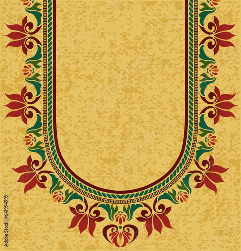 The colorful floral neckline embroidery pattern design for the saree blouse in a vintage Christmas color theme. U-shape neck embroidery pattern design for blouse, kaftan, kurti, robe, and tunic.