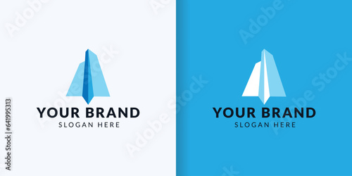 simple paper airplane logo design with skyscraper company. for mobile apps, home services, etc