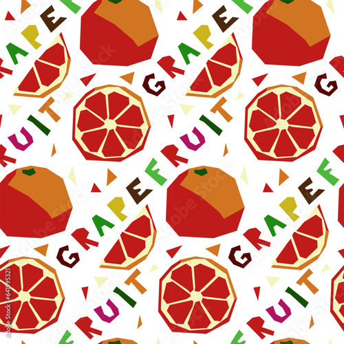 A pattern with an abstract image of a grapefruit and a name in the form of geometric shapes. Colorful textile print in tropical style. Packaging for products with a certain taste. Stylized flat vector