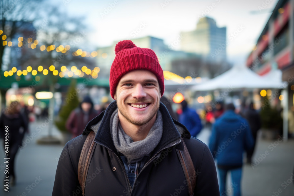 Happy smiling young man in winter clothes at street Christmas in Vancouver