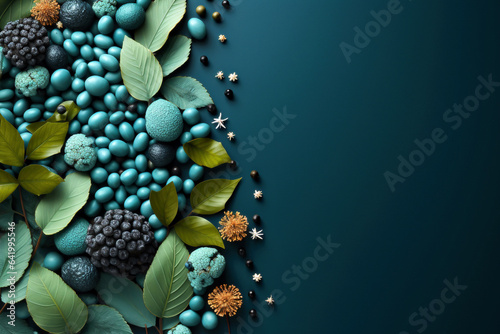 3d render, abstract background with blue and turquoise stones and green leaves