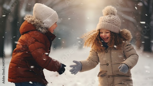 Joyful children, having fun playing in the snow in winter.