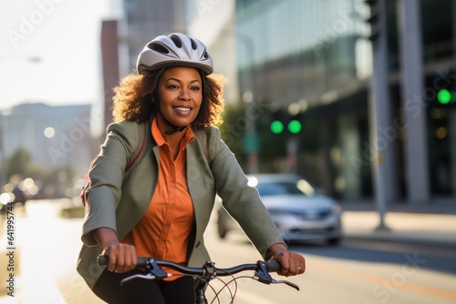 Cycling commuter - a middle aged beautiful African American woman riding a bicycle on a road in a city street