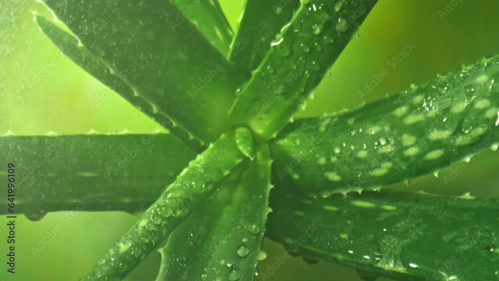 Super Slow Motion Shot of Camera Moving Towards Fresh Aloe Vera Plant with Water Drops at 500fps. Super Slow Motion Shot of Camera Moving Towards Fresh Aloe Vera Plant with Water Drops at 500fps.