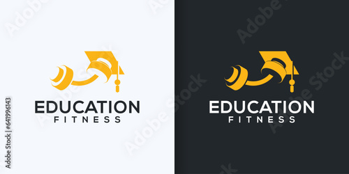Student gym with barbell logo vector design. Graduation cap logo with fitness education. Perfect for education, fitness and student symbol