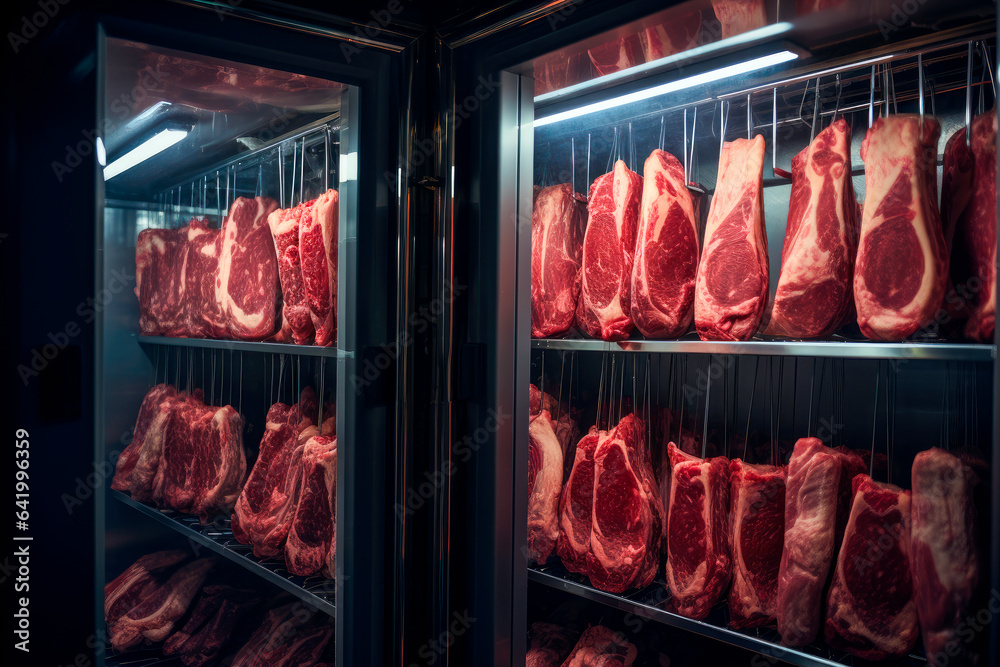 Big pieces of raw beef in a large modern refrigeration cabinet