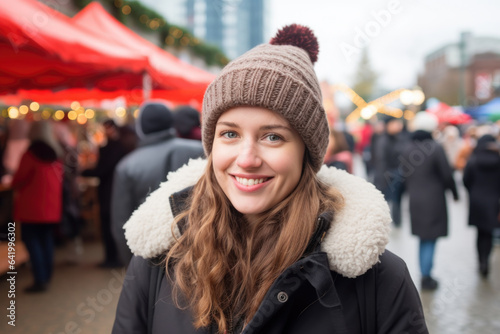 Young happy smiling woman in winter clothes at street Christmas market in Vancouver © Jasmina