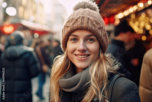 Wallpaper Mural Young happy smiling woman in winter clothes at street Christmas market in Utrecht  Torontodigital.ca