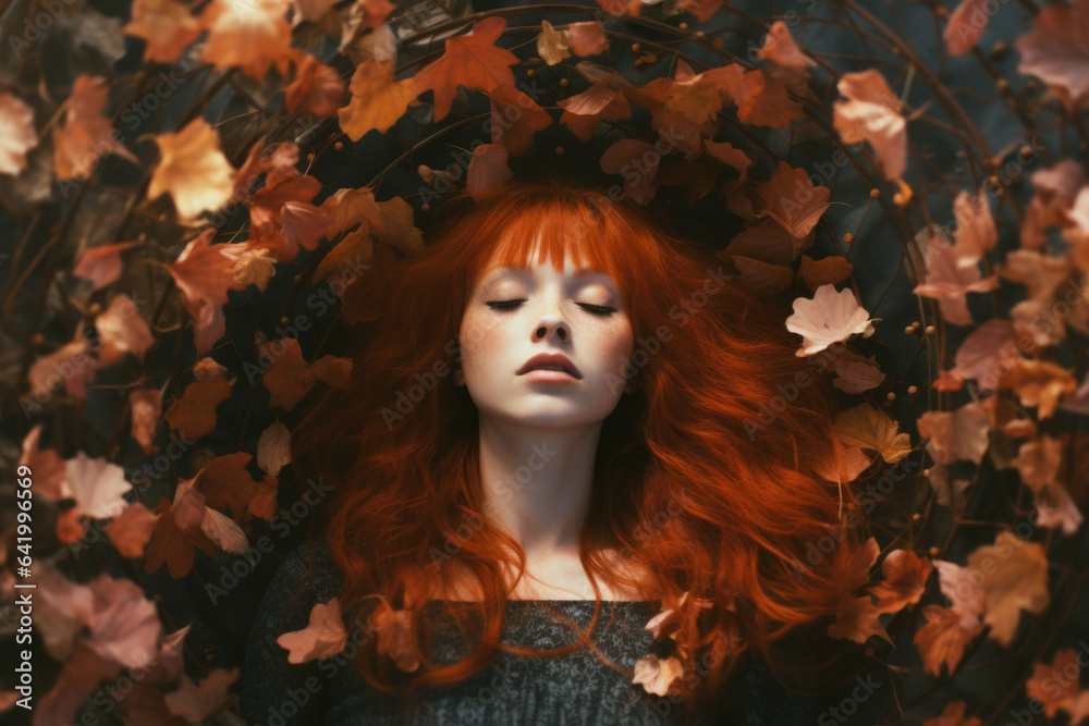Beautiful girl sleeping peacefully, bright red copper color hair, surrounded by autumn fall leaves and flower petals, youthful calm and glamourous princess of nature - generative AI