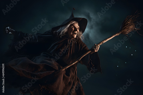 Papier peint An old and ugly witch with an evil flying fast on a broom outside at night while there is a full moon