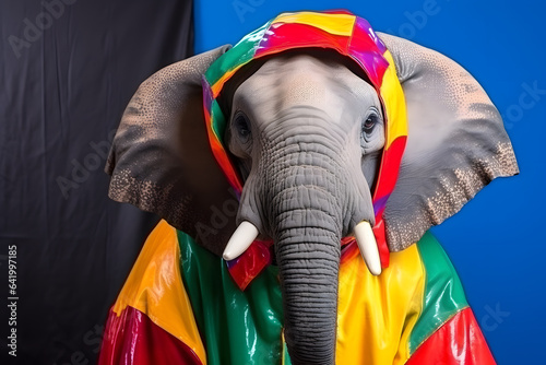 Portrait of an elephant wearing a raincoat and an umbrella in studio, colorful background. Autumn concept. Generative AI