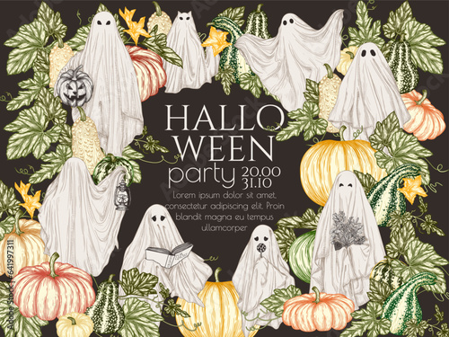 Vector Halloween invitation template with various ghosts in the pumpkin garden in engraving style. Ghost with a book, with a lamp, with a bouquet, with a candy, with a Halloween pumpkin, a ghost cat