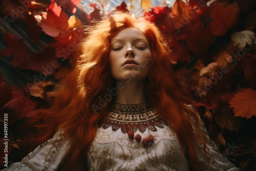 Beautiful girl sleeping peacefully  bright red copper color hair  surrounded by autumn fall leaves and flower petals  youthful calm and glamourous princess of nature - generative AI