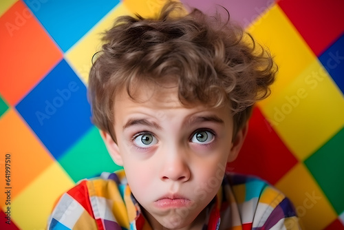 Studio portrait of a little boy being confused  isolated on colorful background. Kids emotions or moods concept. Generative AI