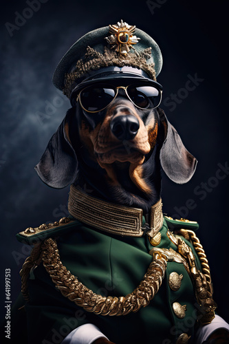 Dachshund dog in military uniform and sunglasses