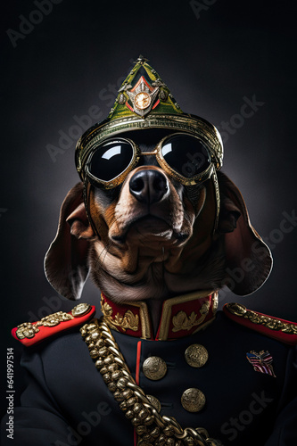 Dachshund dog in military uniform and sunglasses