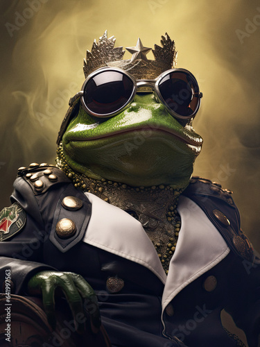 toad with sunglasses, crown and uniform as king