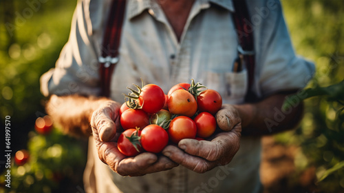 Close-up of ripe red tomatoes cradled in the hands of an elderly man, freshly harvested. Celebrating the essence of organic farming, local production, and the joy of home cultivating, gardening