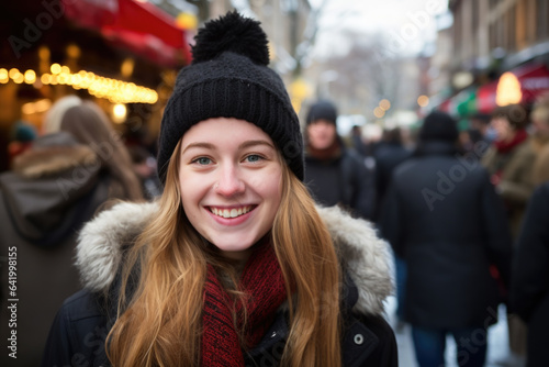 Young happy smiling woman in winter clothes at street Christmas market in Vienna