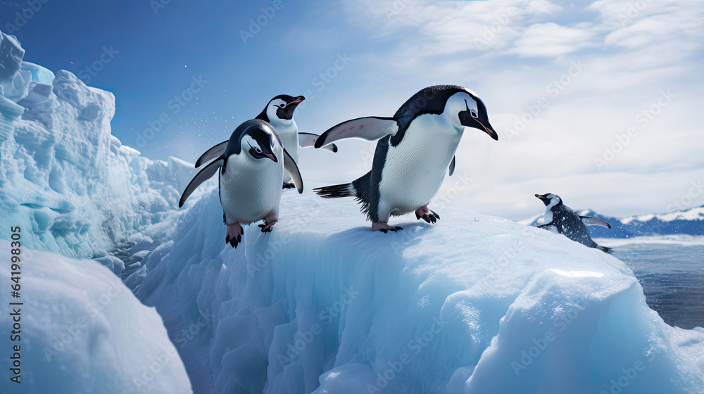 Obraz premium Playful penguins sliding down icy slopes in Antarctica radiating a sense of camaraderie and adventure