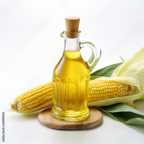 Glass bottle with corn oil and ripe cob on white background, ai technology