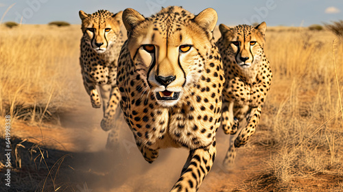 Stealthy cheetahs sprinting across the golden savannah in pursuit of prey showcasing their incredible speed