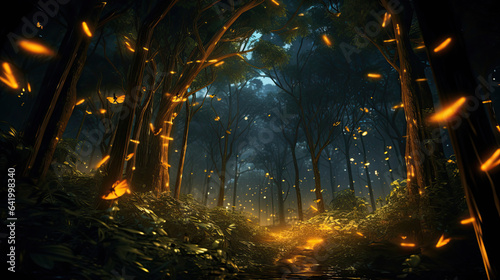 Enchanting fireflies illuminating a tranquil forest at twilight creating a magical and ethereal scene