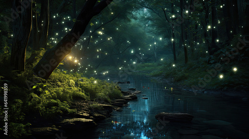 Enchanting fireflies illuminating a tranquil forest at twilight creating a magical and ethereal scene