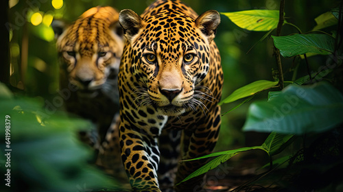 Fierce jaguars prowling through the dense Amazon rainforest their powerful presence evoking awe and respect