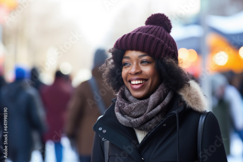 Young happy smiling african american woman in winter clothes at street Christmas market in Toronto © Jasmina