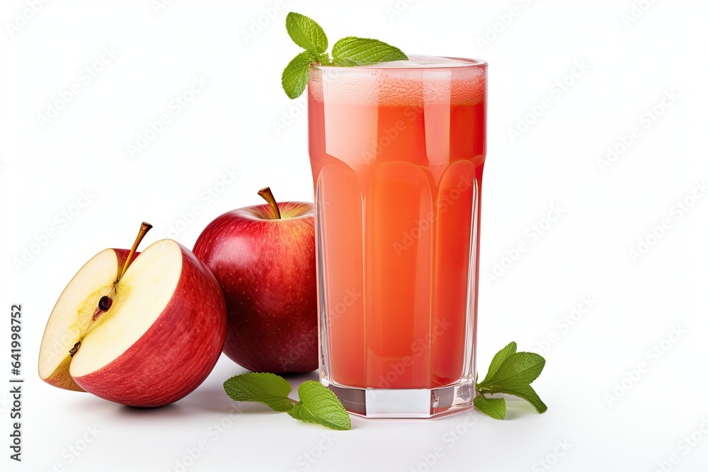 Fresh apple juice at the drink glass with slice isolated on white Fresh apple juice at the drink glass with slice isolated on white