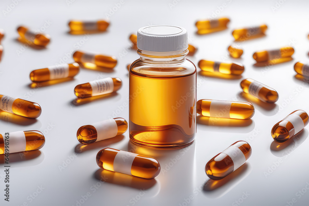 A golden colored liquid medicine bottle and scattered liquid capsules on a plain white surface A golden colored liquid medicine bottle and scattered liquid capsules on a plain white surface