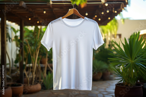 White tshirt mockup on hanger outdoors, AI Generative