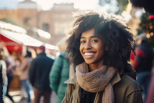 Young happy smiling african american woman in winter clothes at street Christmas market in Sidney