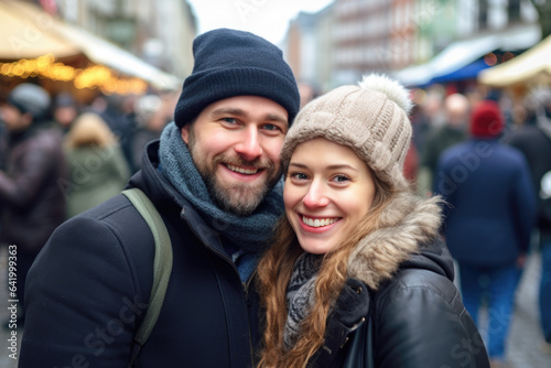 Happy young smiling couple in winter clothes at street Christmas market in Brussel