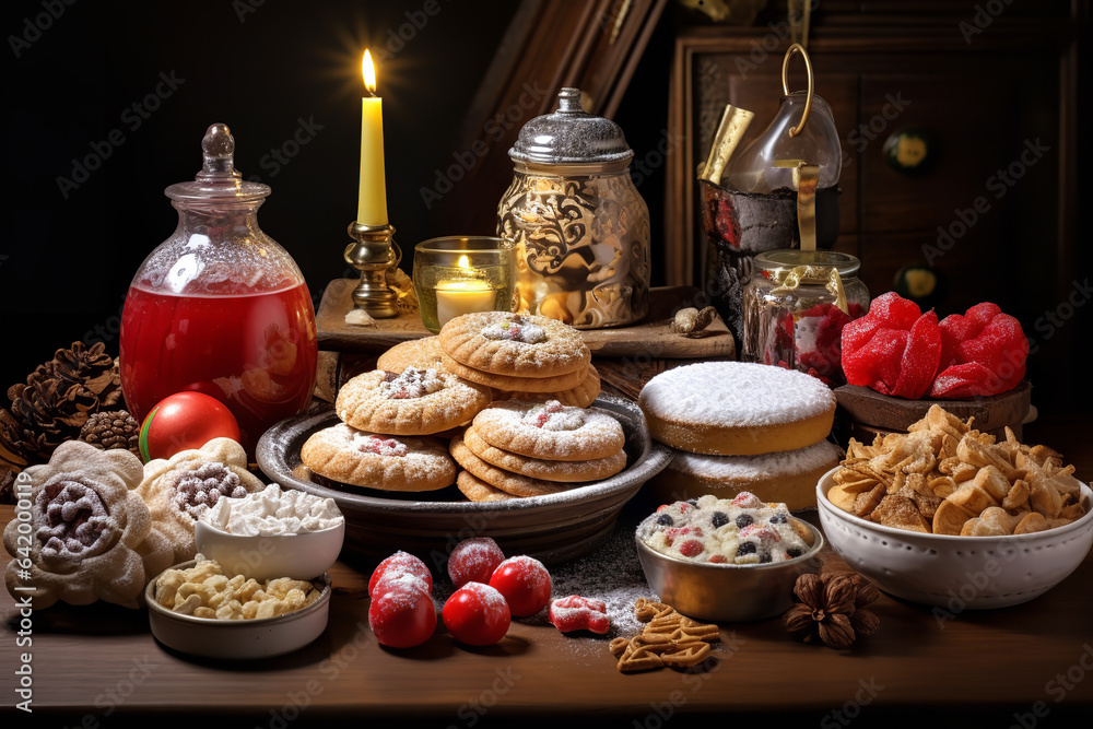 Tables laden with speculoos cookies, chocolates, and oranges, all symbols of the saint's bountiful gifts