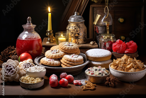 Tables laden with speculoos cookies, chocolates, and oranges, all symbols of the saint's bountiful gifts