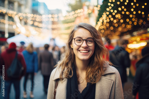 Young happy smiling woman at street Christmas market in Sidney  © Jasmina