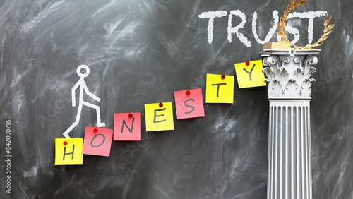 Honesty leads to Trust - a metaphor showing how honesty makes the way to reach desired trust. Symbolizes the importance of honesty and cause and effect relationship.,3d illustration photo