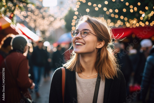 Young happy smiling woman at street Christmas market in Sidney  © Jasmina