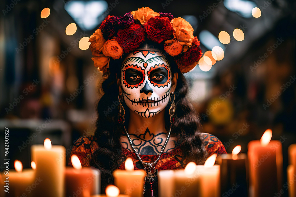 Plexiglas schilderij met candlelight portrait of woman with dia de los muertos or day of the dead face paint #642001327
