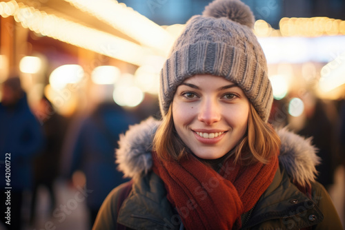Young happy smiling woman in winter clothes at street Christmas market in Vienna © Jasmina