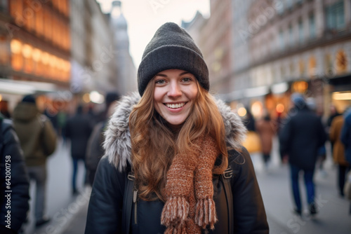 Young happy smiling woman in winter clothes at street Christmas market in Vienna