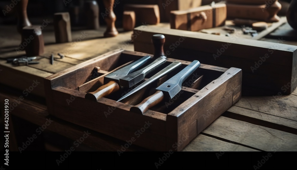 Japanese wood working tools on an old rustic work table Japanese wood working tools on an old rustic work table