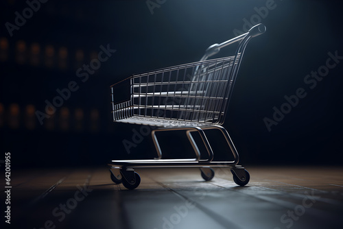 Empty shopping trolley on blurred background. Four wheel grocery cart in the spotlight.