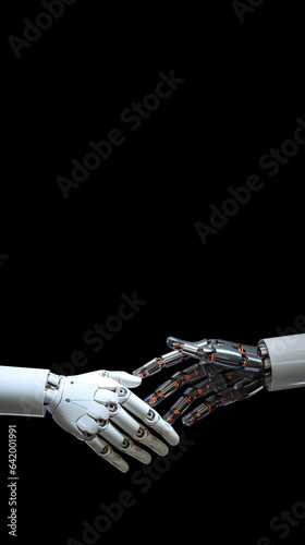 White and black robots reaching out to shake hands  dark background  vertical image.