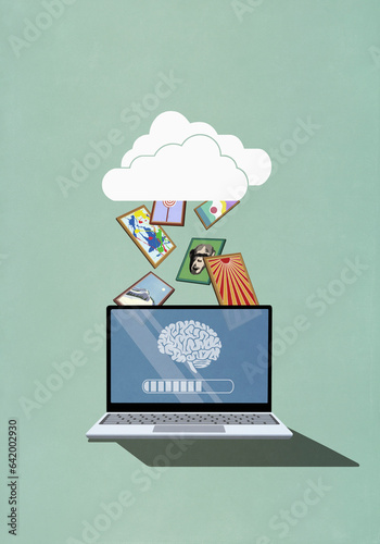 Brain image on laptop screen downloading images from the cloud
 photo
